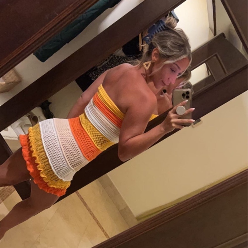 Vacation dress color block lettuce trim tube dress